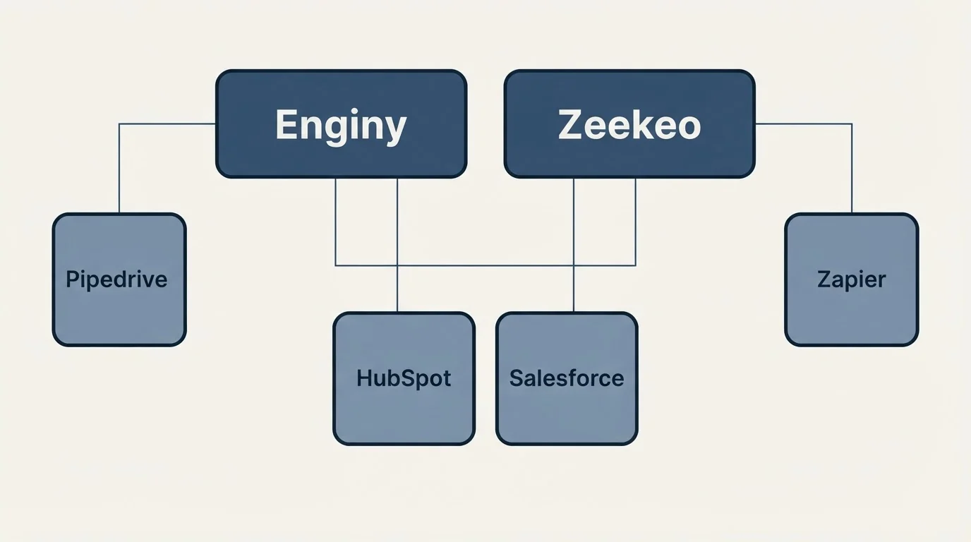 Integration grid: Integration Ecosystem (Enginy, Zeekeo, HubSpot, Salesforce)
