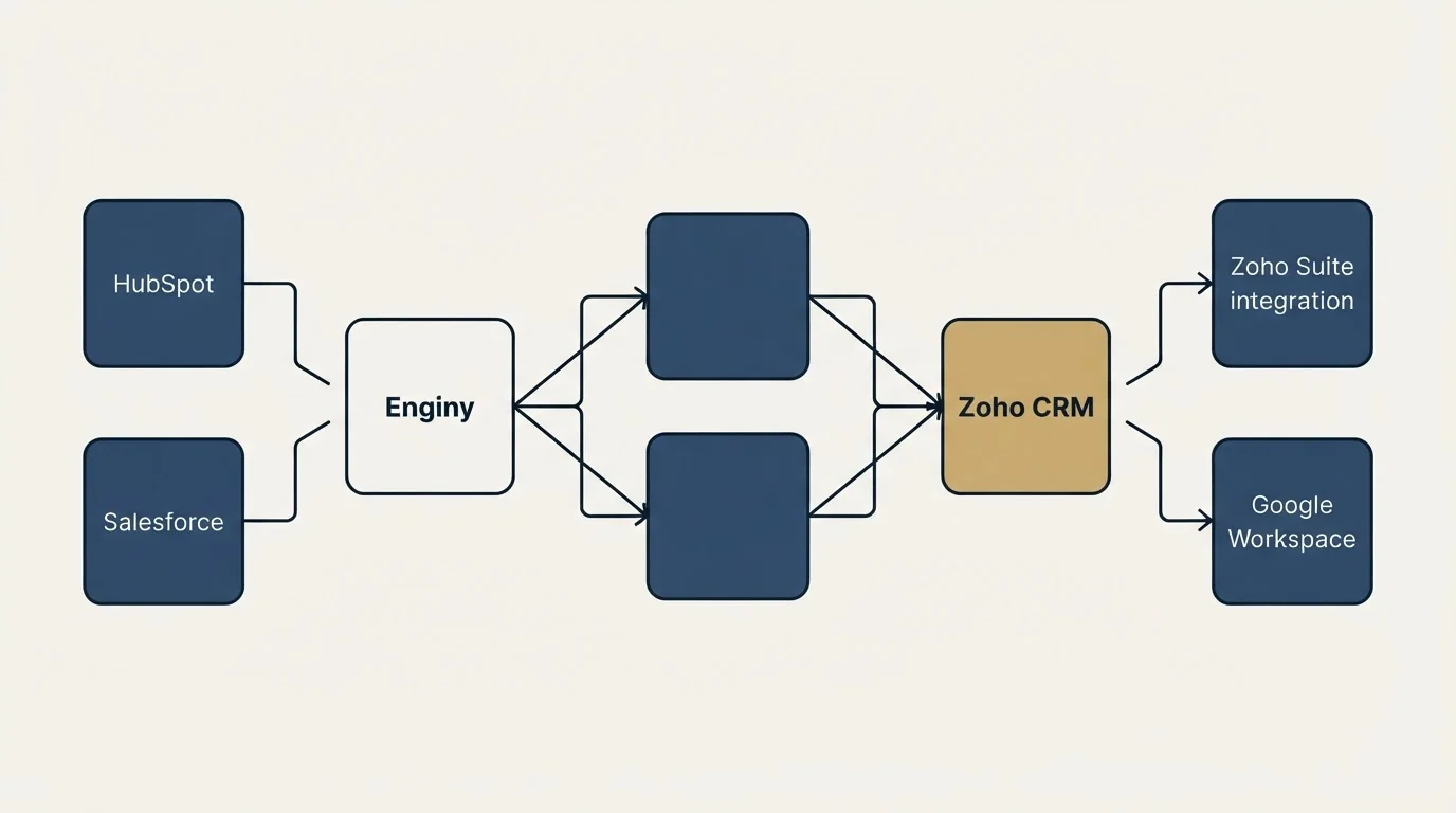 Integration schematic: Integration Ecosystem (Enginy, Zoho CRM, HubSpot, Zoho Suite integration)