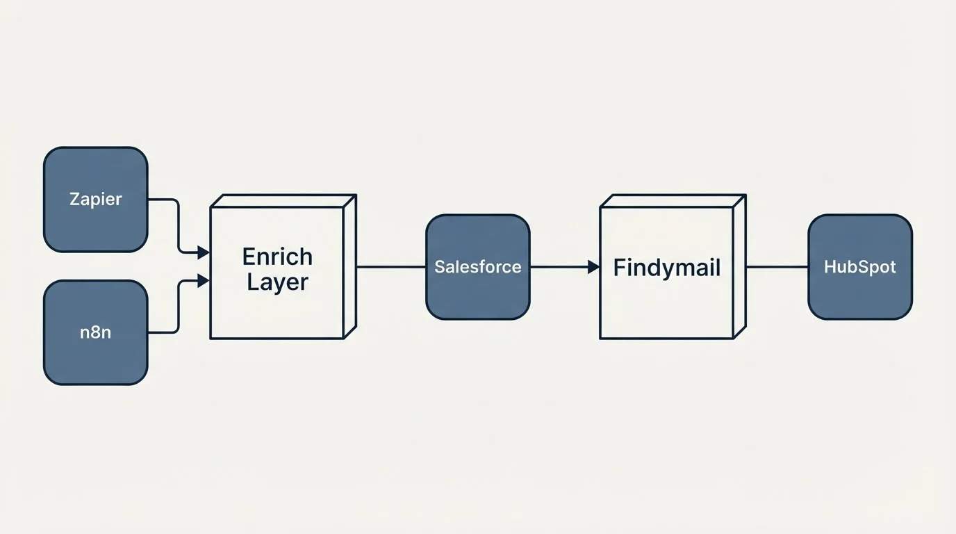 Integration flow: Integration Ecosystem (Enrich Layer, Findymail, Salesforce, Zapier)