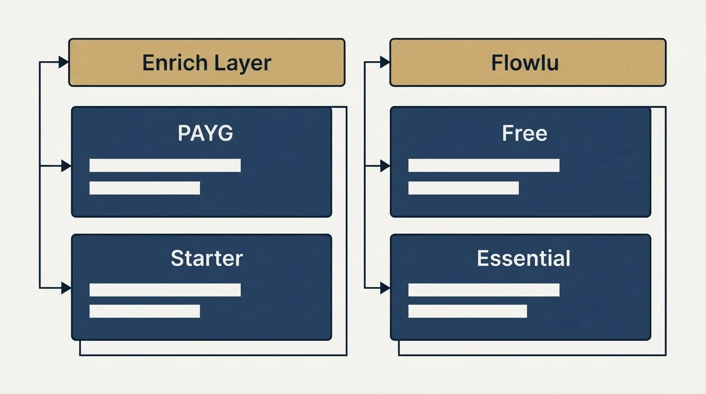 Pricing table: Pricing Comparison (Enrich Layer, Flowlu, PAYG, Free)