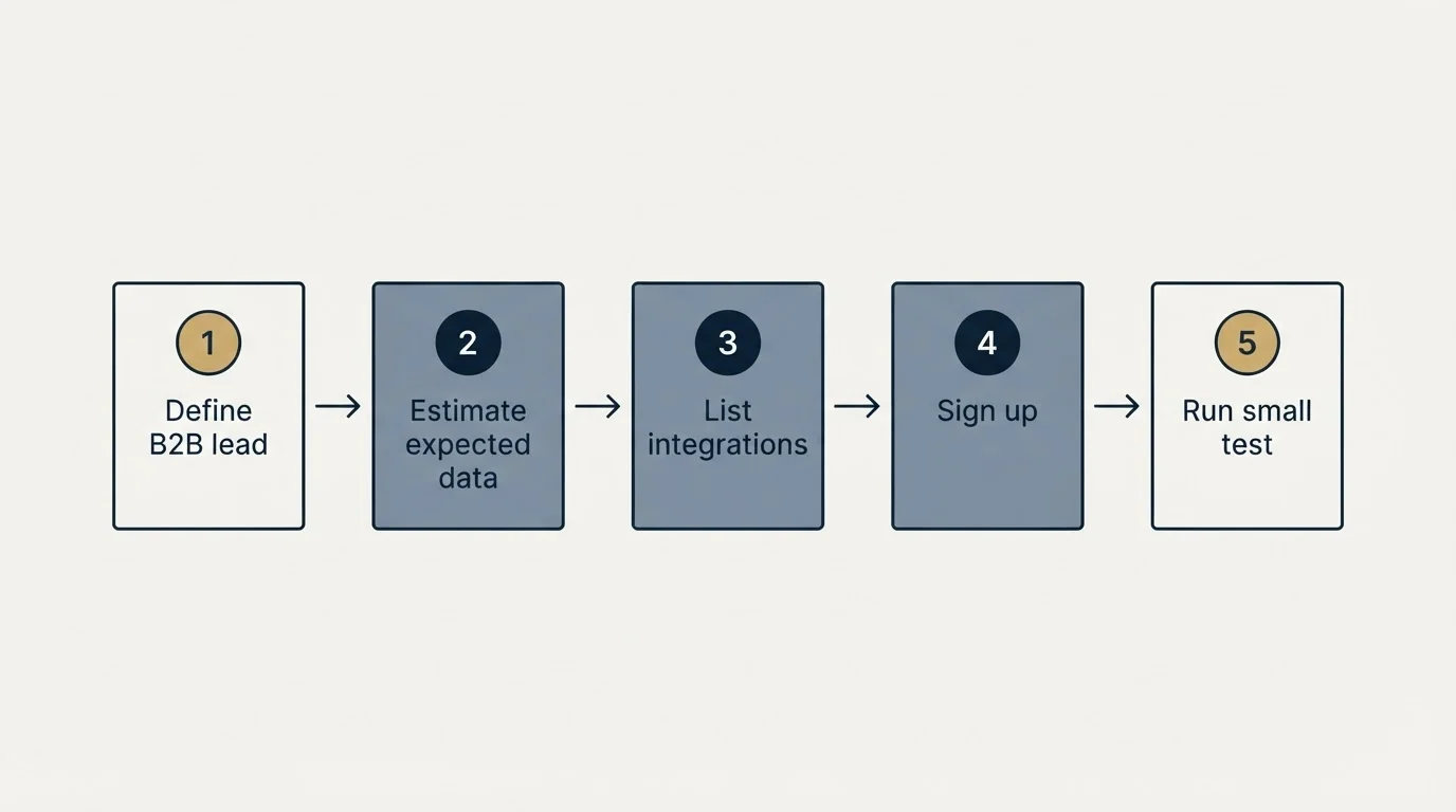Step sequence: Getting Started Checklist (Define B2B lead, Estimate expected data, List integrations, Sign up)