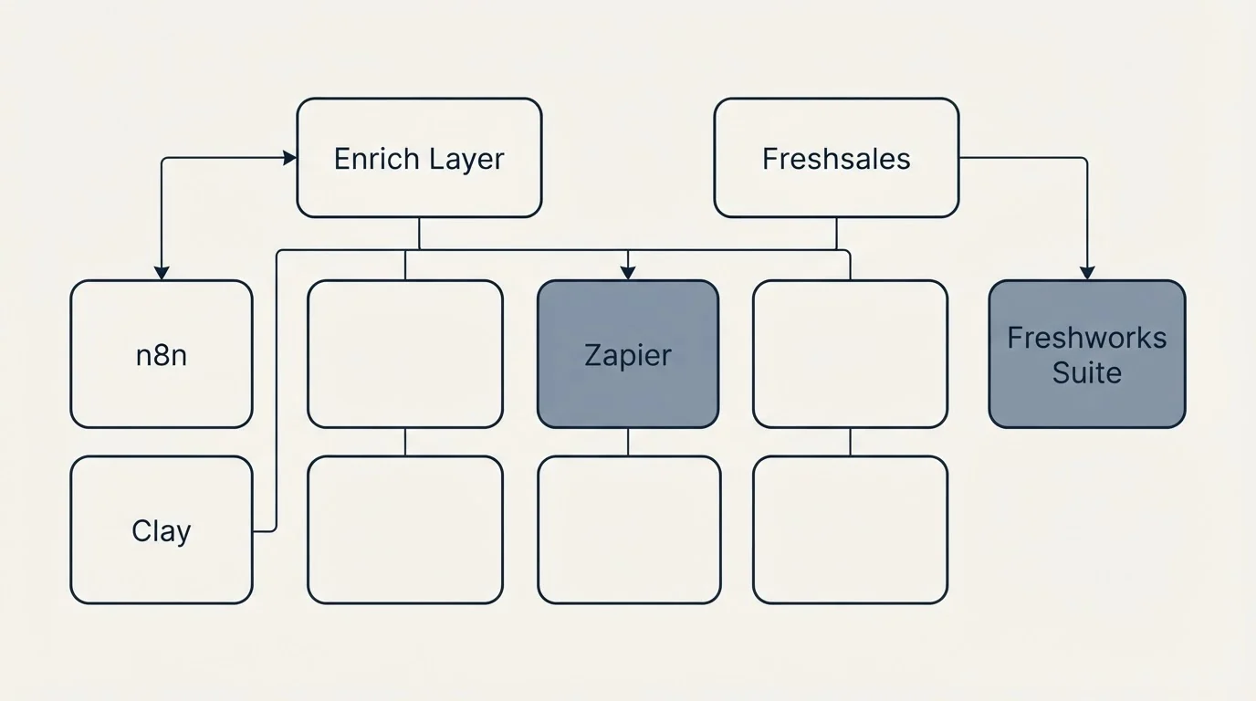 Integration grid: Integration Ecosystem (Enrich Layer, Freshsales, Zapier, n8n)