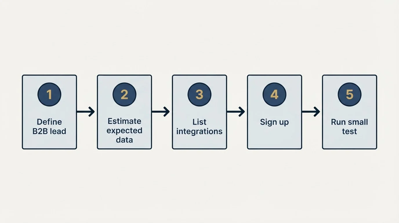 Step sequence: Getting Started Checklist (Define B2B lead, Estimate expected data, List integrations, Sign up)