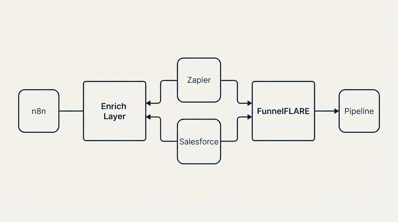 Integration schematic: Integration Ecosystem (Enrich Layer, FunnelFLARE, Zapier, Salesforce)