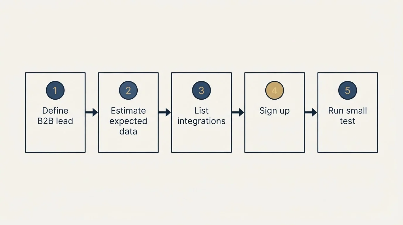 Step sequence: Getting Started Checklist (Define B2B lead, Estimate expected data, List integrations, Sign up)
