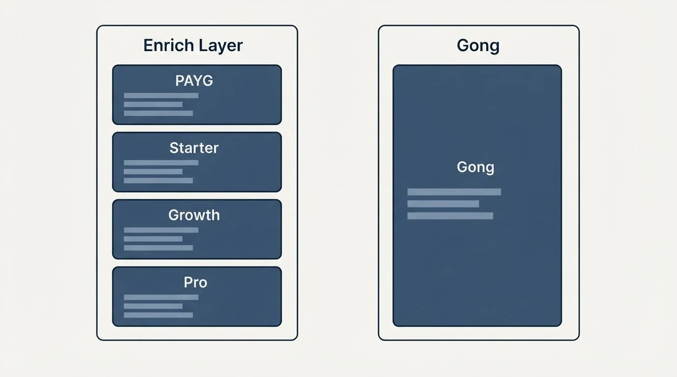 Pricing panels: Pricing Comparison (Enrich Layer, Gong, PAYG, Starter)