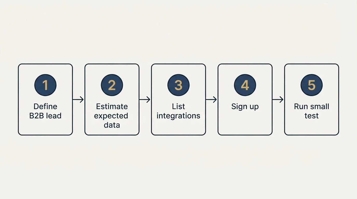 Step sequence: Getting Started Checklist (Define B2B lead, Estimate expected data, List integrations, Sign up)