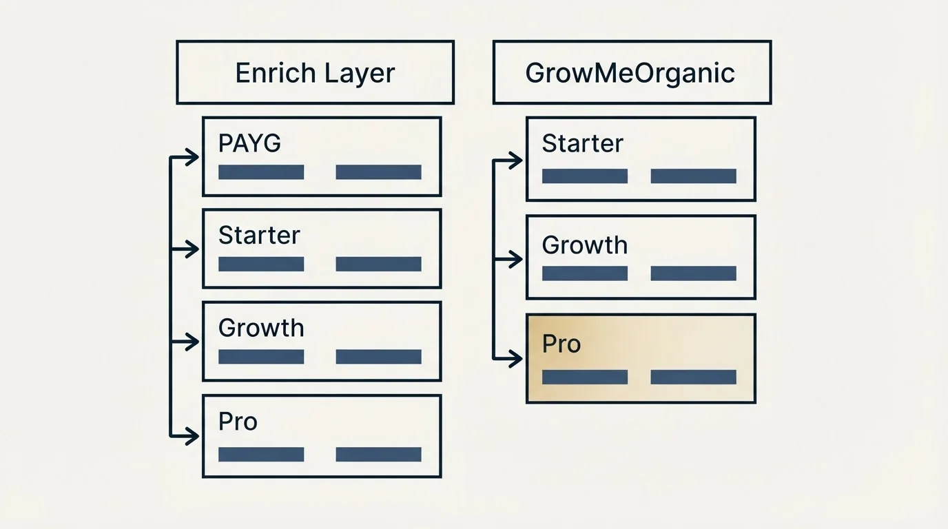 Pricing table: Pricing Comparison (Enrich Layer, GrowMeOrganic, PAYG, Starter)
