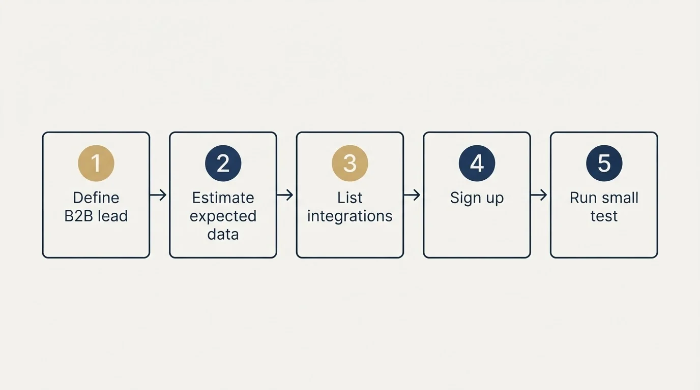 Step sequence: Getting Started Checklist (Define B2B lead, Estimate expected data, List integrations, Sign up)