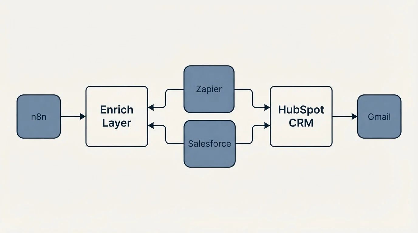 Integration schematic: Integration Ecosystem (Enrich Layer, HubSpot CRM, Zapier, Salesforce)