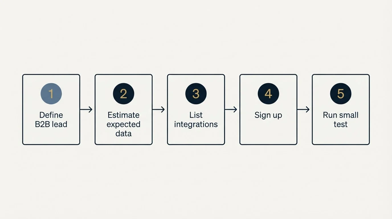 Step sequence: Getting Started Checklist (Define B2B lead, Estimate expected data, List integrations, Sign up)