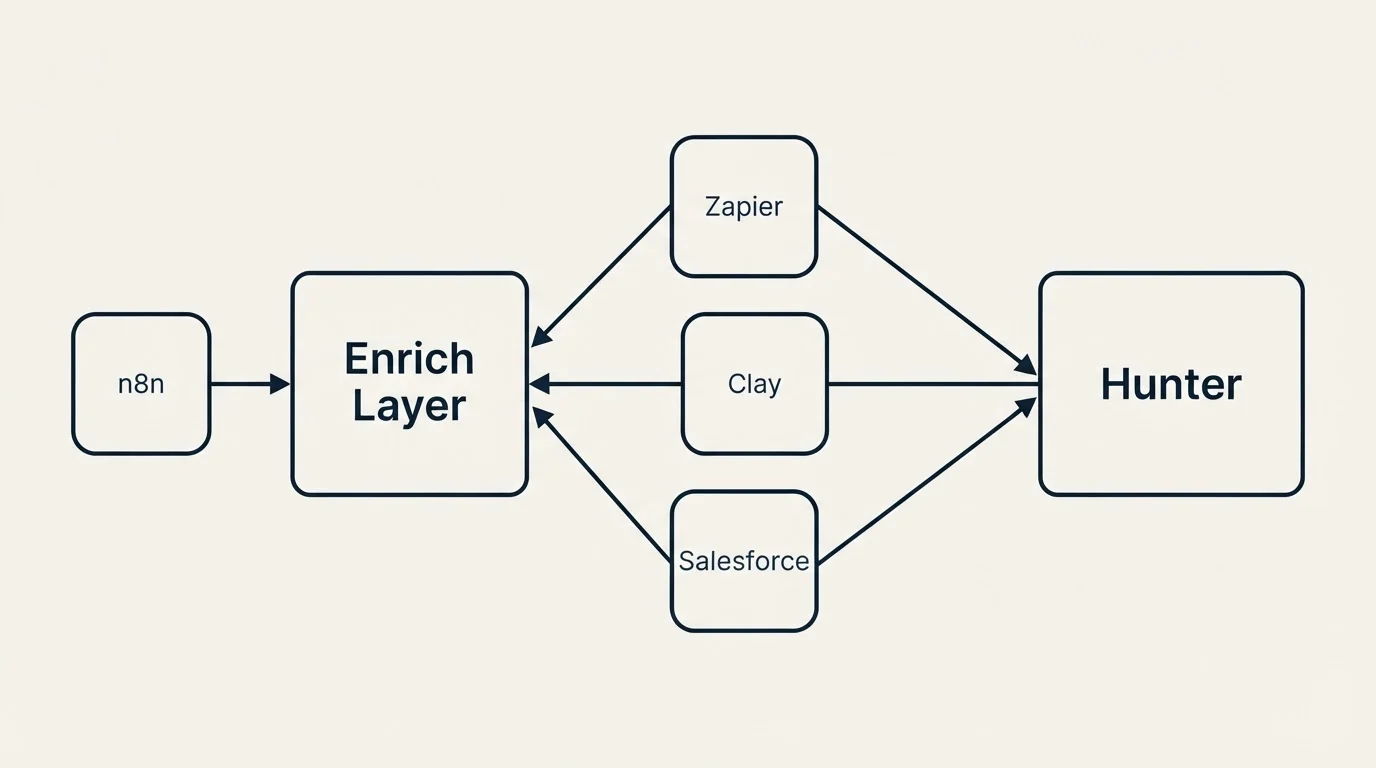 Integration schematic: Integration Ecosystem (Enrich Layer, Hunter, Zapier, Clay)