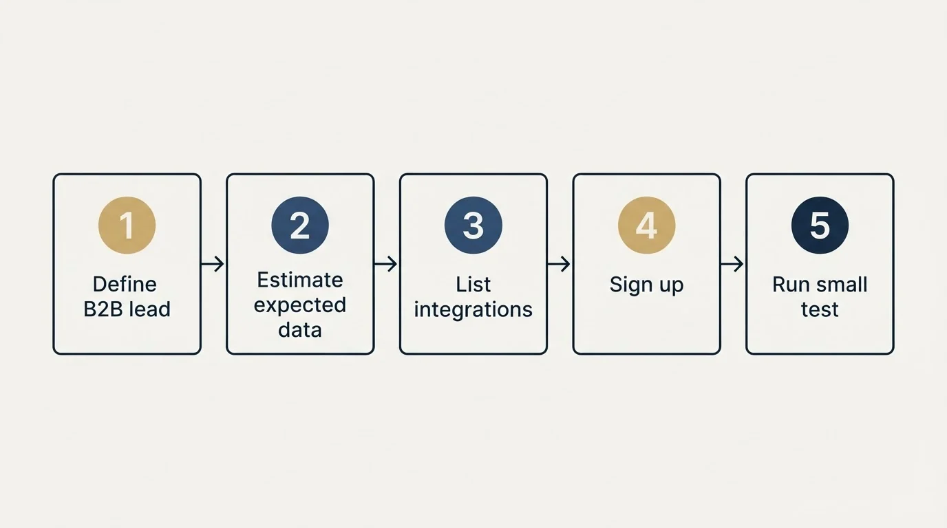 Step sequence: Getting Started Checklist (Define B2B lead, Estimate expected data, List integrations, Sign up)