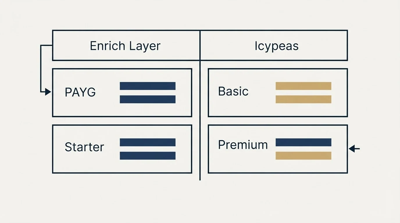 Pricing table: Pricing Comparison (Enrich Layer, Icypeas, PAYG, Basic)
