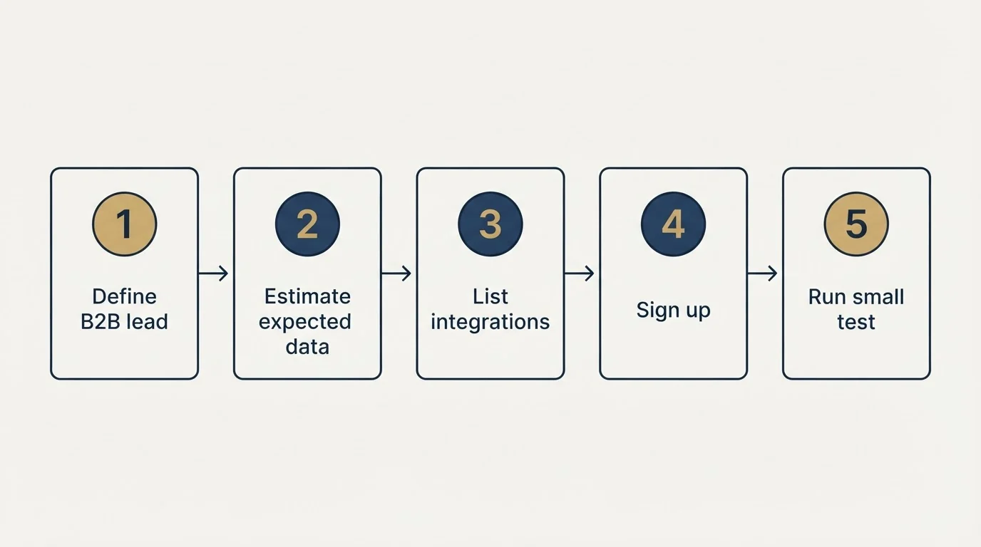 Step sequence: Getting Started Checklist (Define B2B lead, Estimate expected data, List integrations, Sign up)