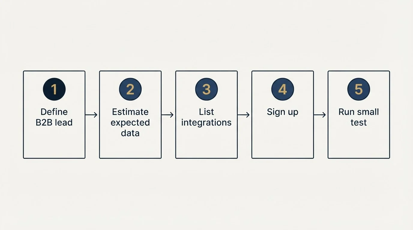 Step sequence: Getting Started Checklist (Define B2B lead, Estimate expected data, List integrations, Sign up)