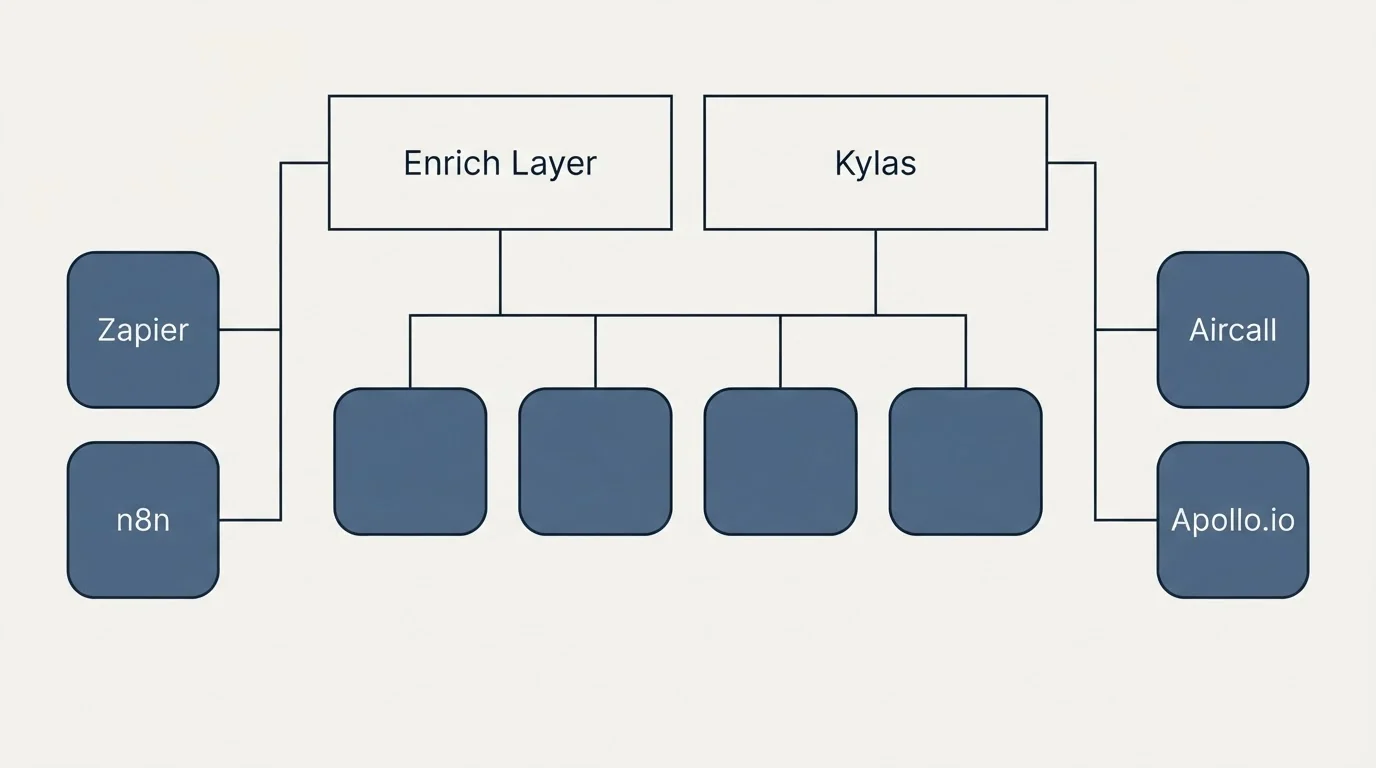 Integration grid: Integration Ecosystem (Enrich Layer, Kylas, Zapier, Aircall)