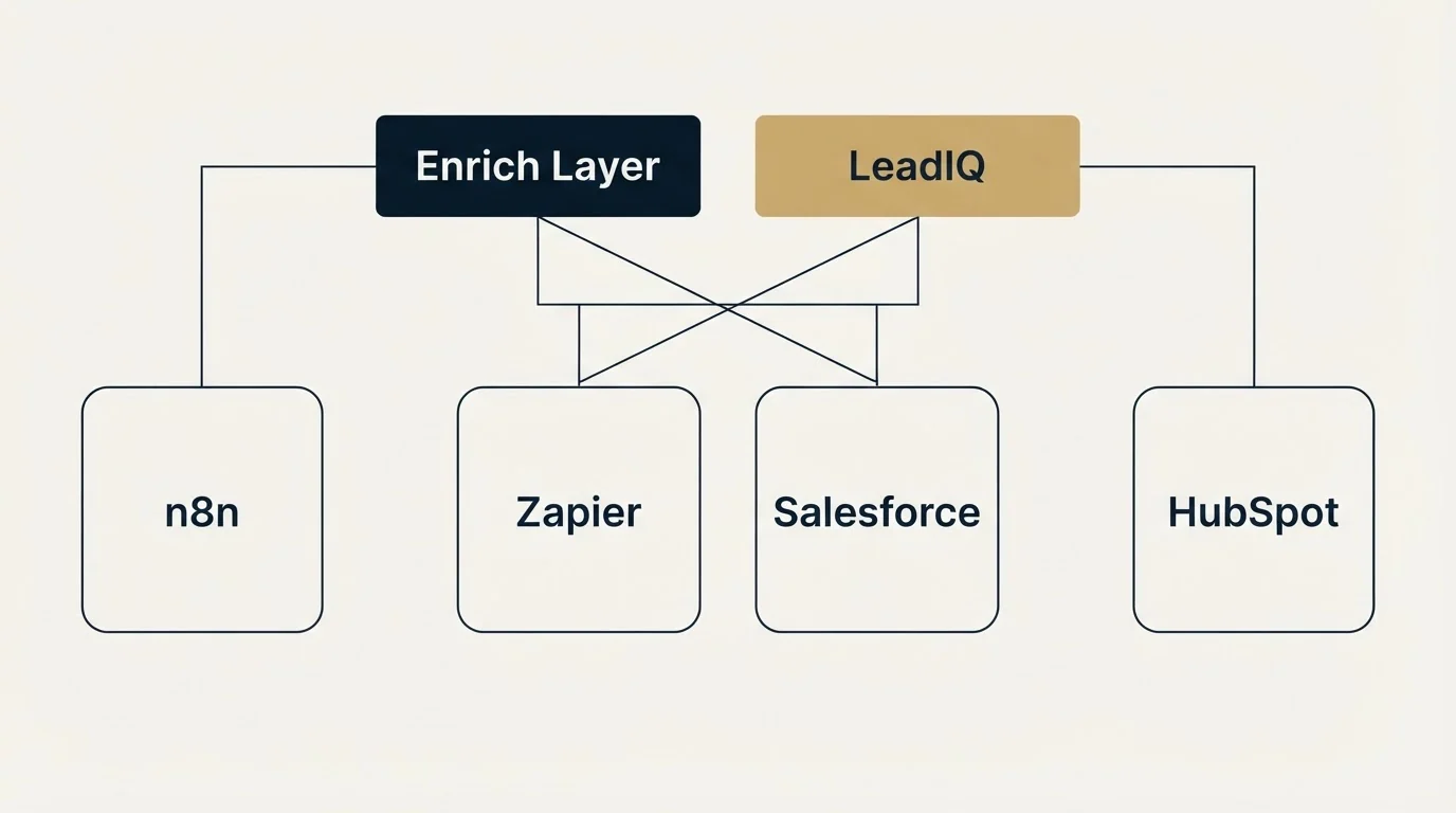 Integration grid: Integration Ecosystem (Enrich Layer, LeadIQ, Zapier, Salesforce)