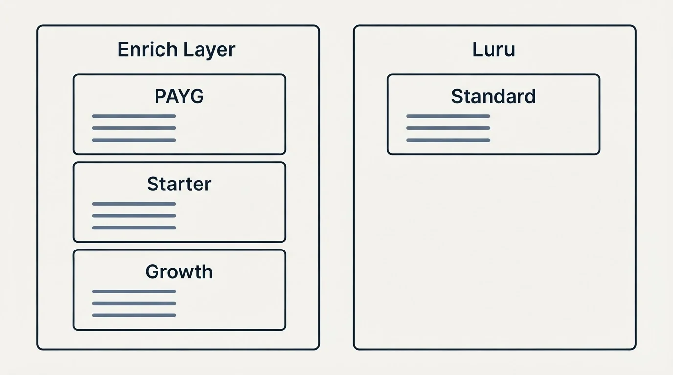 Pricing panels: Pricing Comparison (Enrich Layer, Luru, PAYG, Standard)