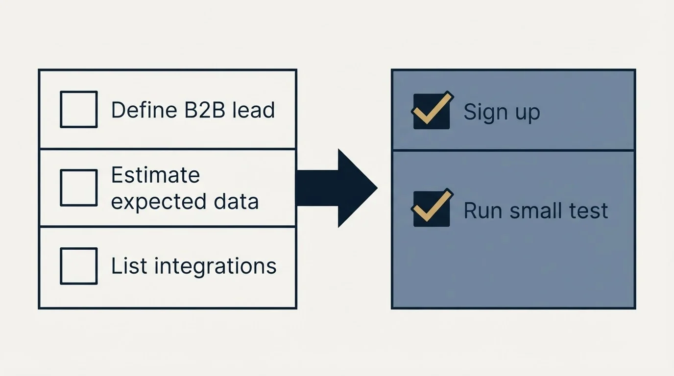 Before-and-after steps: Getting Started Checklist (Define B2B lead, Estimate expected data, List integrations, Sign up)