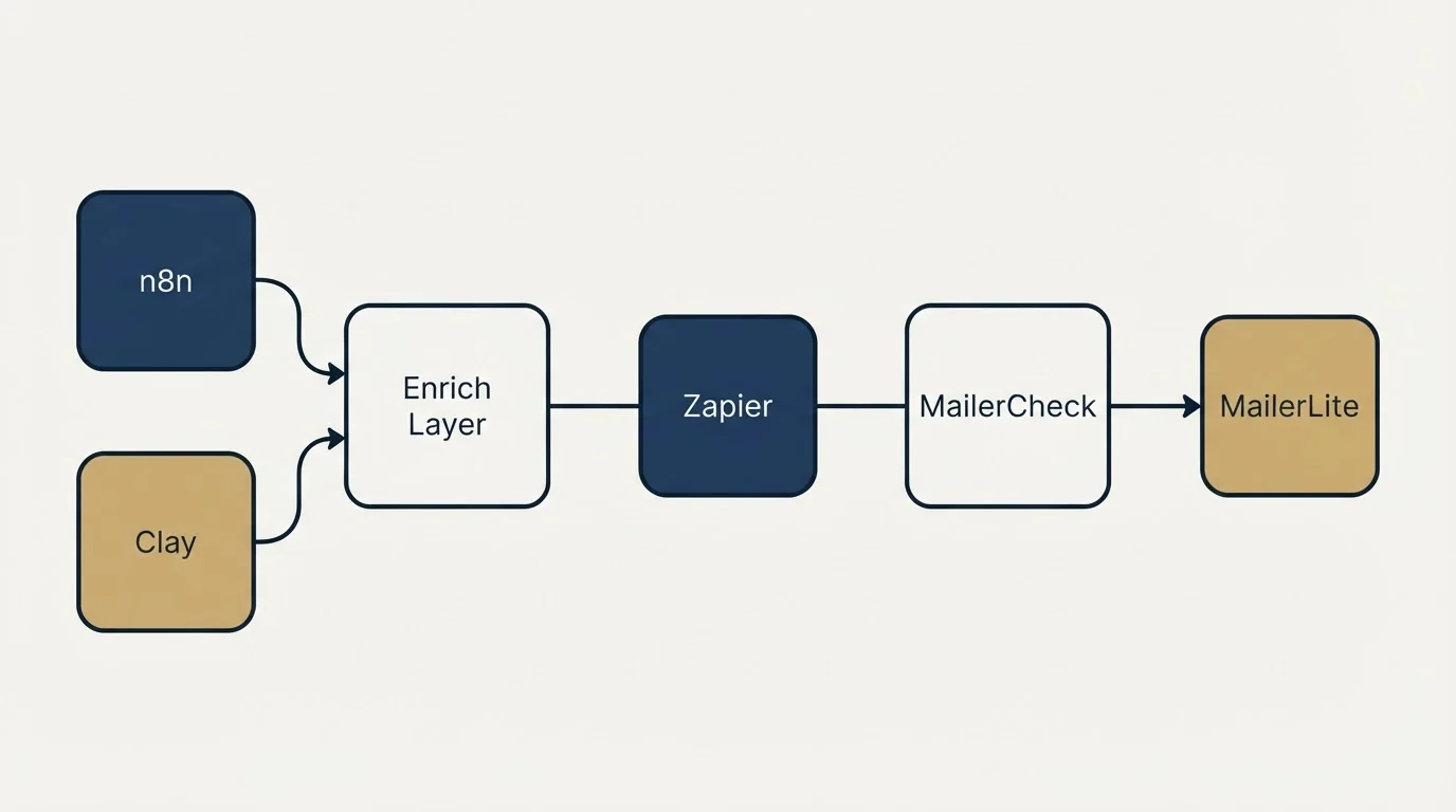 Integration schematic: Integration Ecosystem (Enrich Layer, MailerCheck, Zapier, n8n)