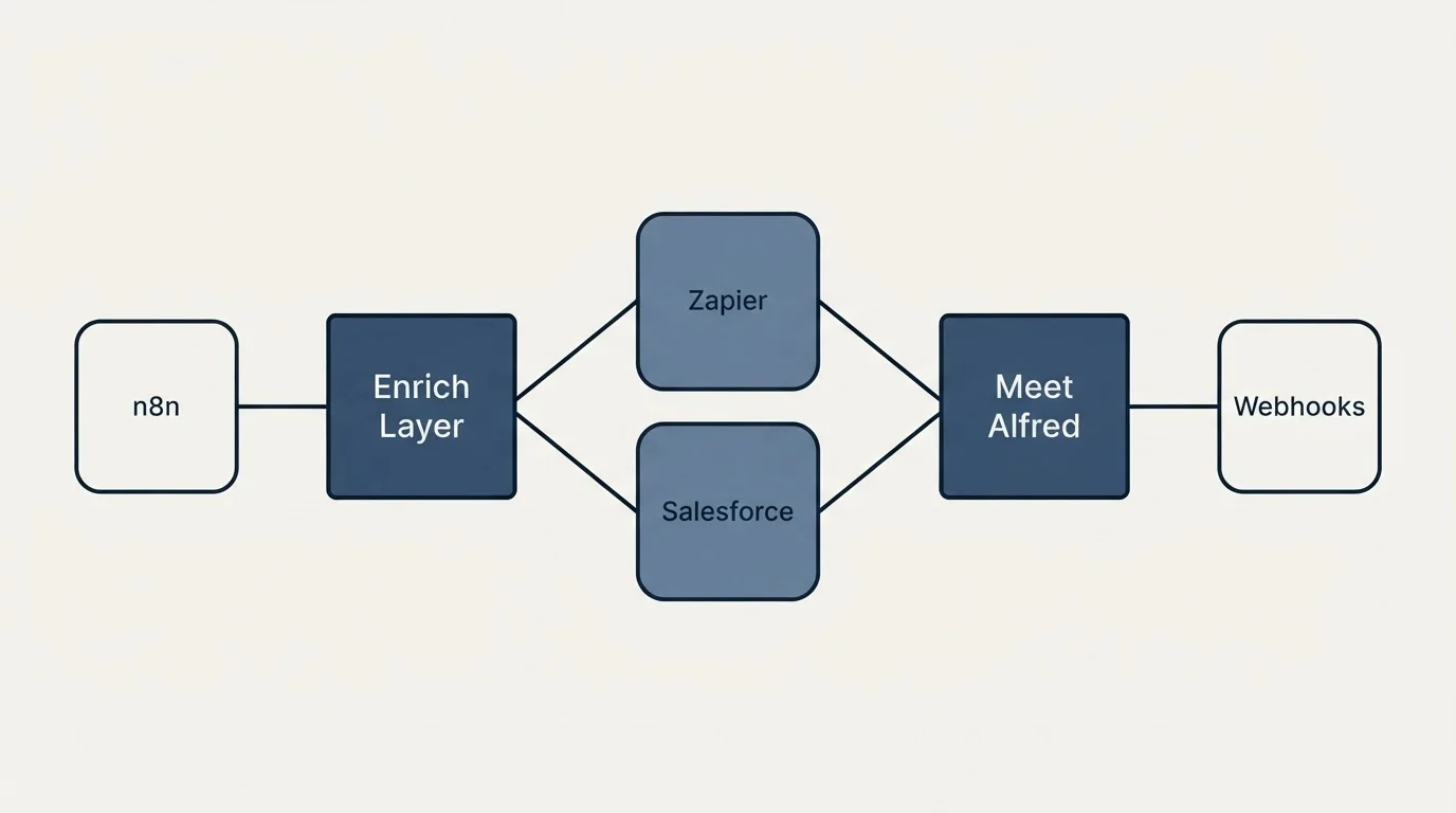 Integration schematic: Integration Ecosystem (Enrich Layer, Meet Alfred, Zapier, Salesforce)