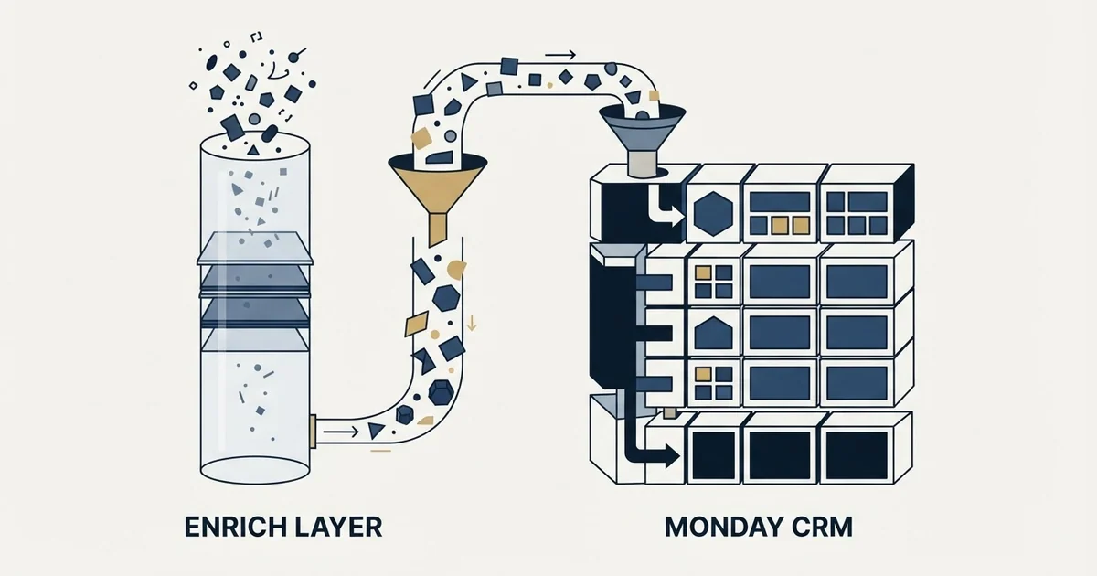 Editorial illustration for Enrich Layer vs Monday CRM