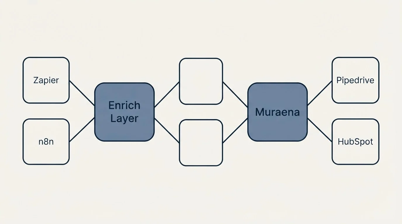 Integration schematic: Integration Ecosystem (Enrich Layer, Muraena, Zapier, Pipedrive)
