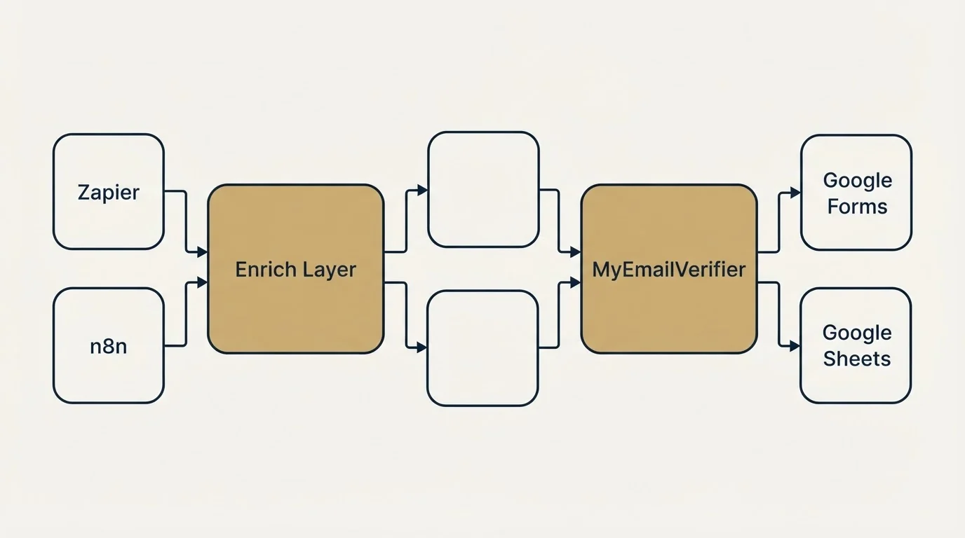 Integration flow: Integration Ecosystem (Enrich Layer, MyEmailVerifier, Zapier, Google Forms)