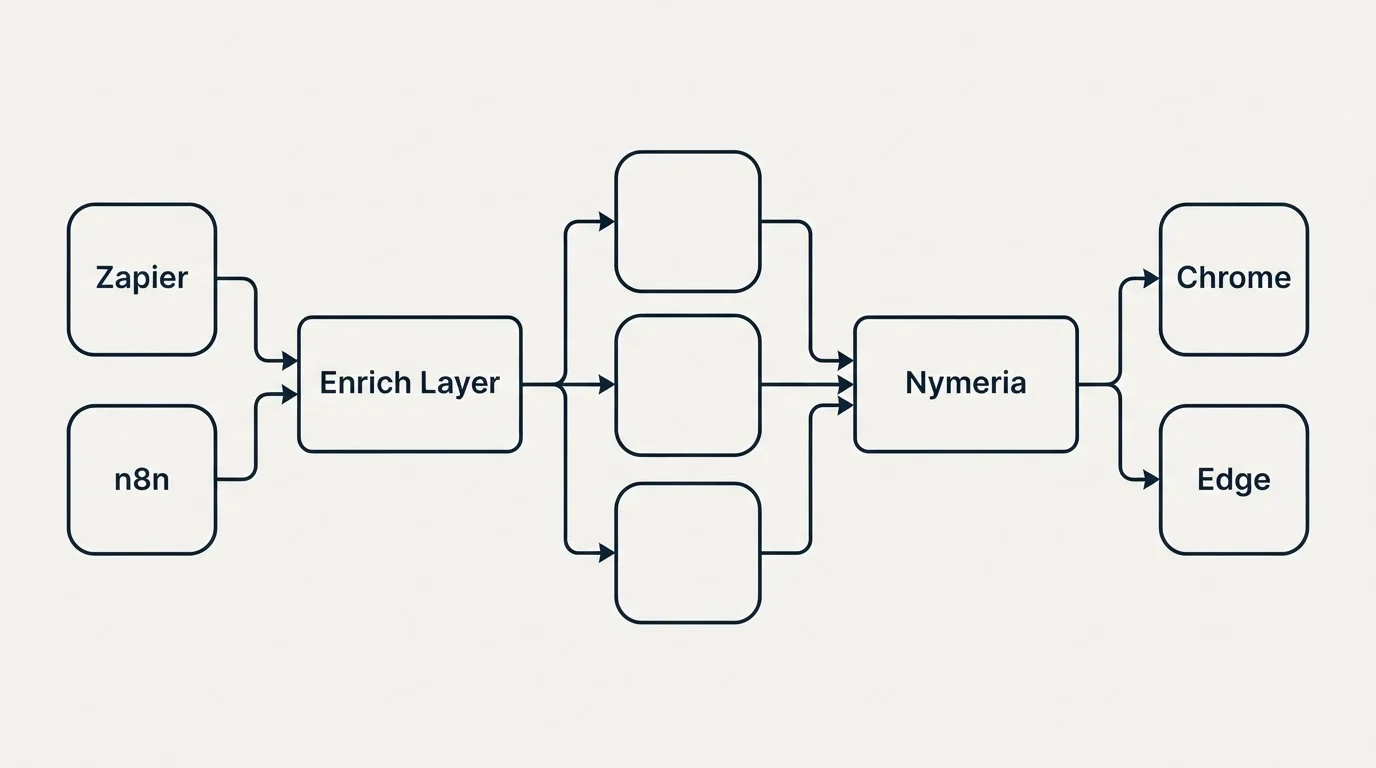 Integration flow: Integration Ecosystem (Enrich Layer, Nymeria, Zapier, Chrome)