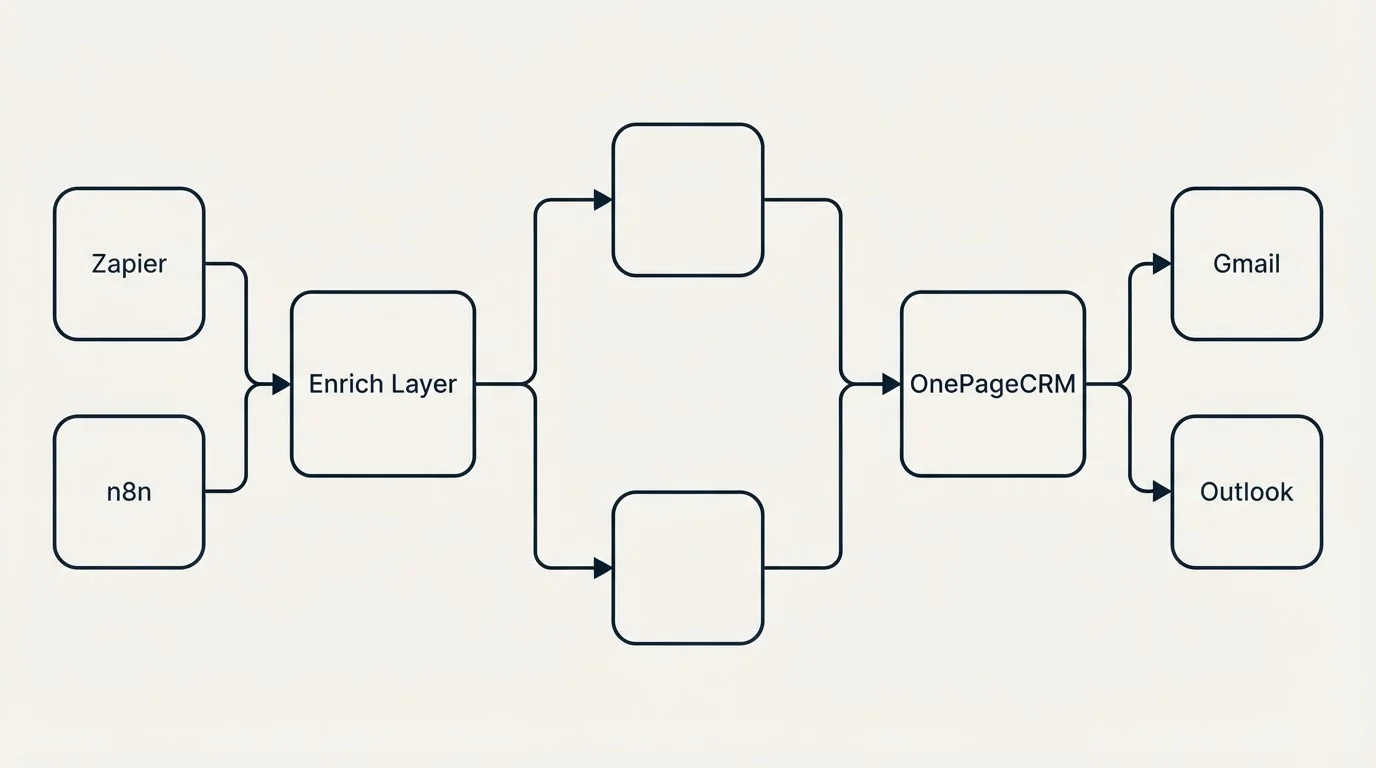 Integration flow: Integration Ecosystem (Enrich Layer, OnePageCRM, Zapier, Gmail)