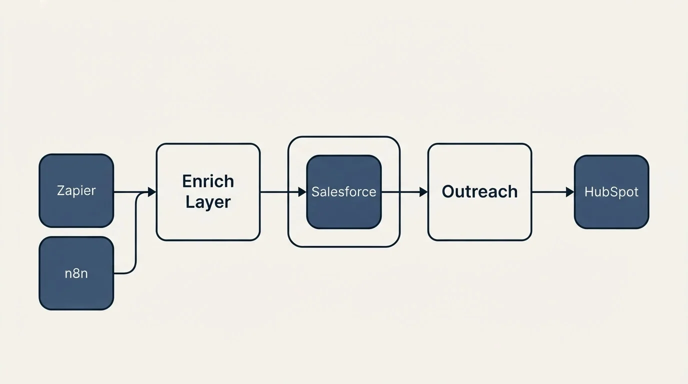 Integration schematic: Integration Ecosystem (Enrich Layer, Outreach, Salesforce, Zapier)