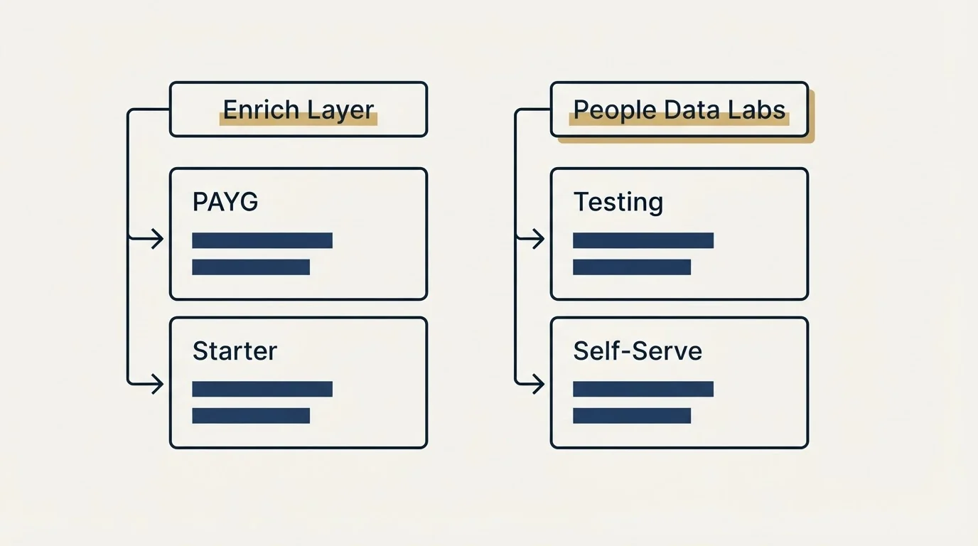 Pricing table: Pricing Comparison (Enrich Layer, People Data Labs, PAYG, Testing)