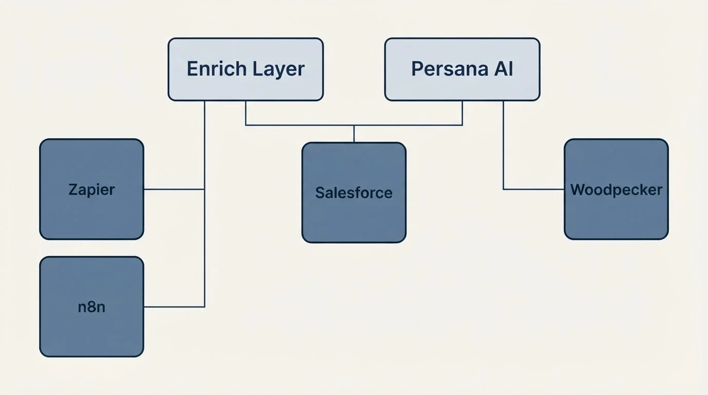 Integration grid: Integration Ecosystem (Enrich Layer, Persana AI, Salesforce, Zapier)
