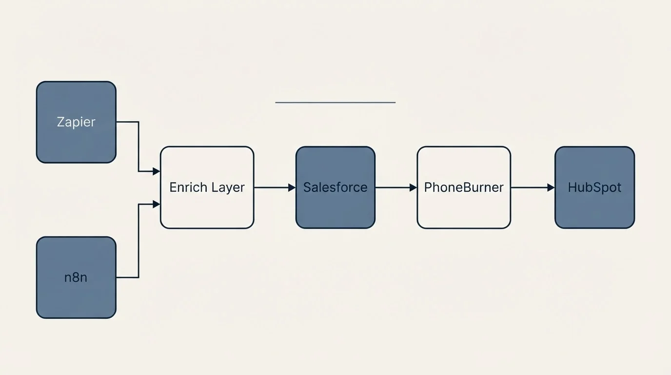 Integration flow: Integration Ecosystem (Enrich Layer, PhoneBurner, Salesforce, Zapier)
