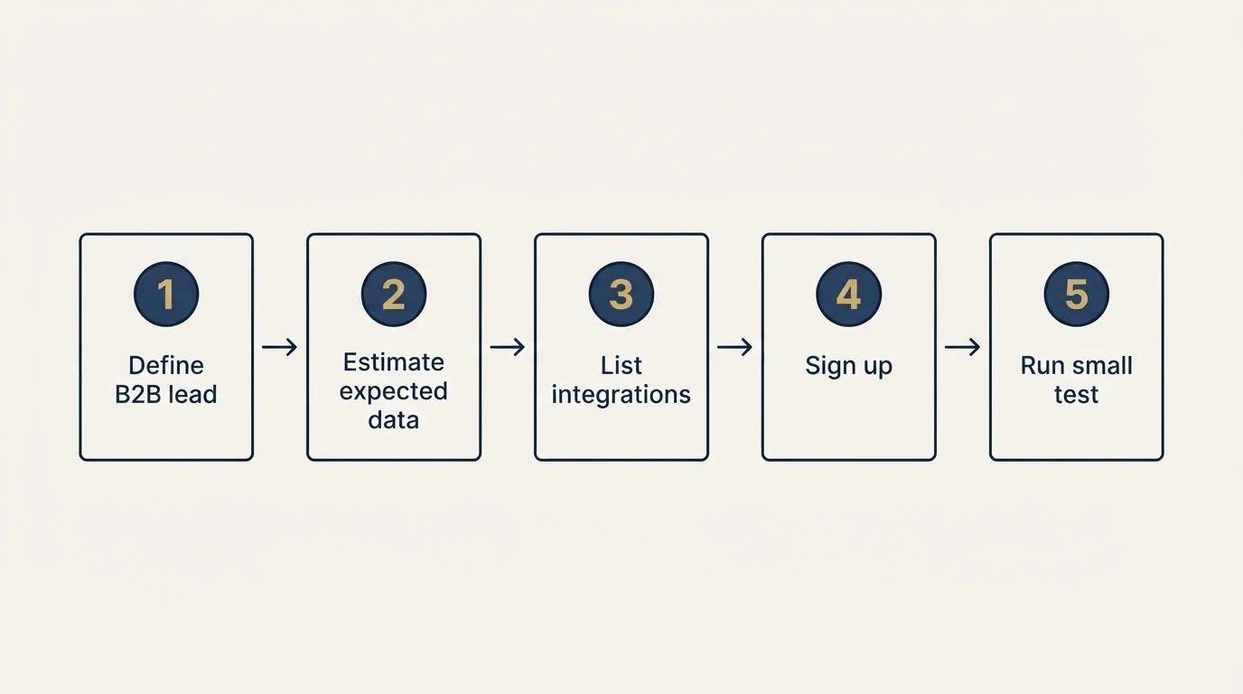 Step sequence: Getting Started Checklist (Define B2B lead, Estimate expected data, List integrations, Sign up)
