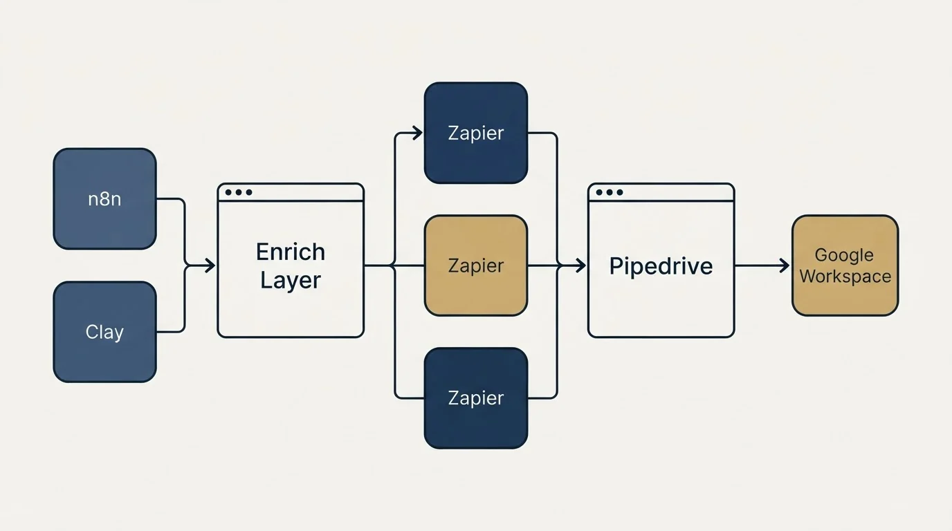 Integration flow: Integration Ecosystem (Enrich Layer, Pipedrive, Zapier, n8n)