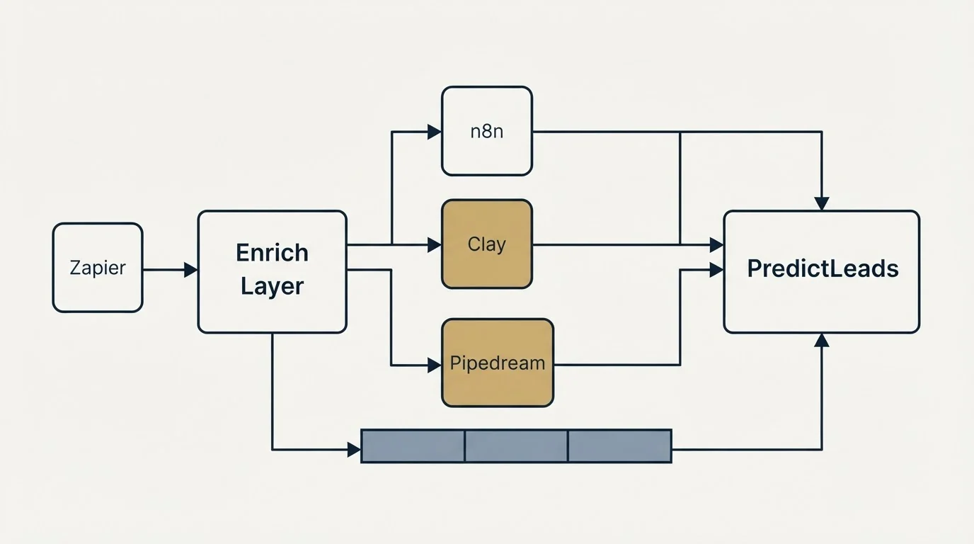 Integration schematic: Integration Ecosystem (Enrich Layer, PredictLeads, n8n, Clay)