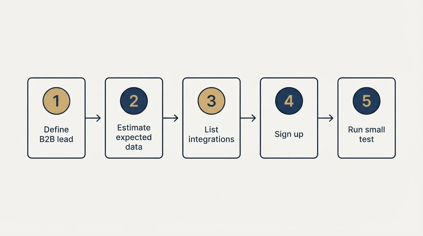 Step sequence: Getting Started Checklist (Define B2B lead, Estimate expected data, List integrations, Sign up)