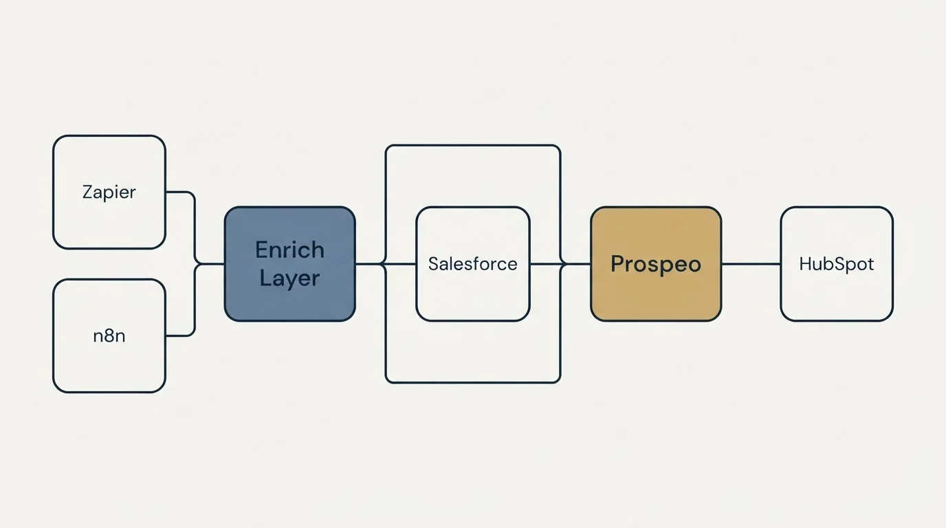 Integration flow: Integration Ecosystem (Enrich Layer, Prospeo, Salesforce, Zapier)