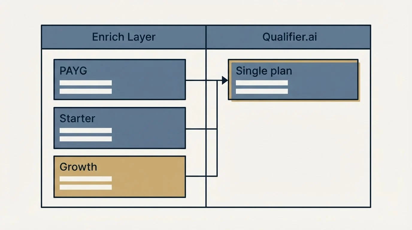 Pricing table: Pricing Comparison (Enrich Layer, Qualifier.ai, PAYG, Single plan)