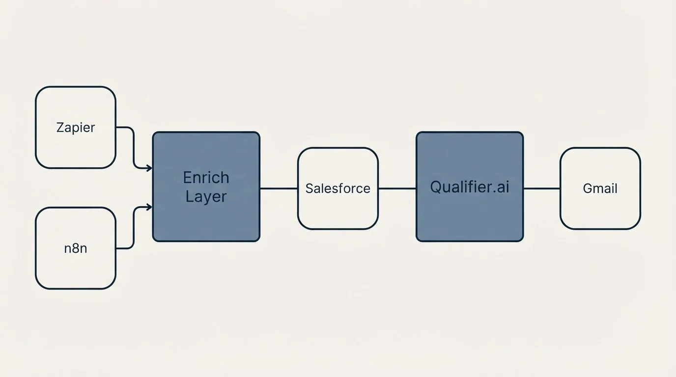 Integration schematic: Integration Ecosystem (Enrich Layer, Qualifier.ai, Salesforce, Zapier)