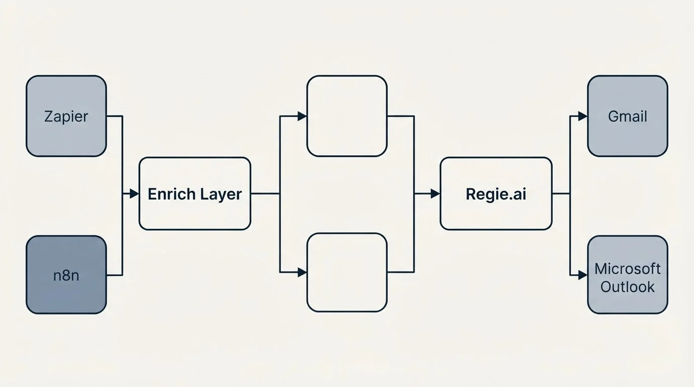 Integration flow: Integration Ecosystem (Enrich Layer, Regie.ai, Zapier, Gmail)