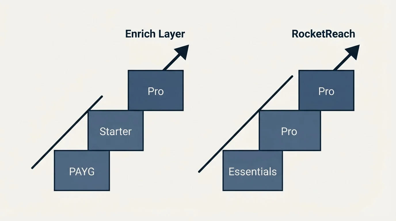 Pricing ladder: Pricing Comparison (Enrich Layer, RocketReach, PAYG, Essentials)