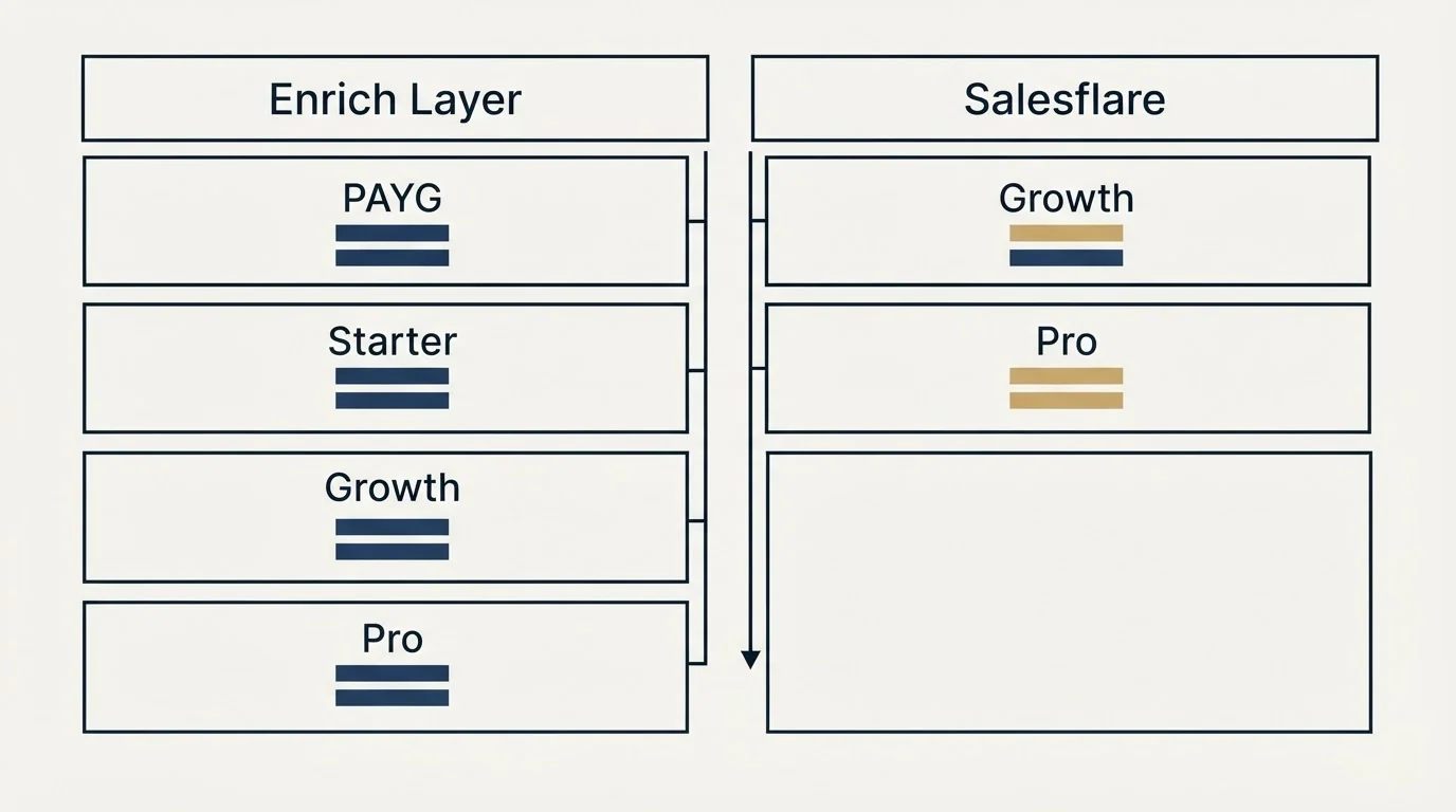 Pricing table: Pricing Comparison (Enrich Layer, Salesflare, PAYG, Growth)