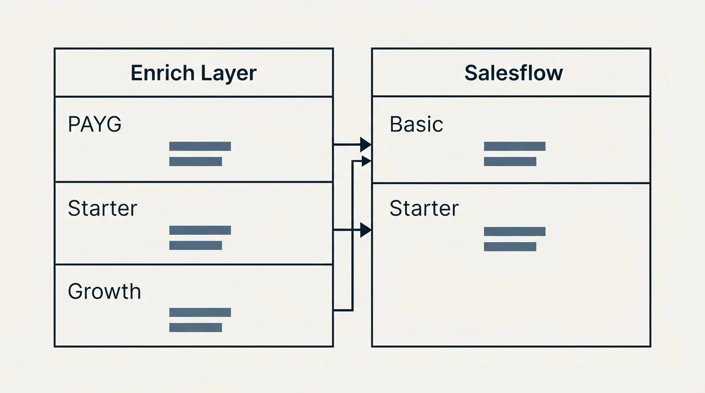 Pricing table: Pricing Comparison (Enrich Layer, Salesflow, PAYG, Basic)