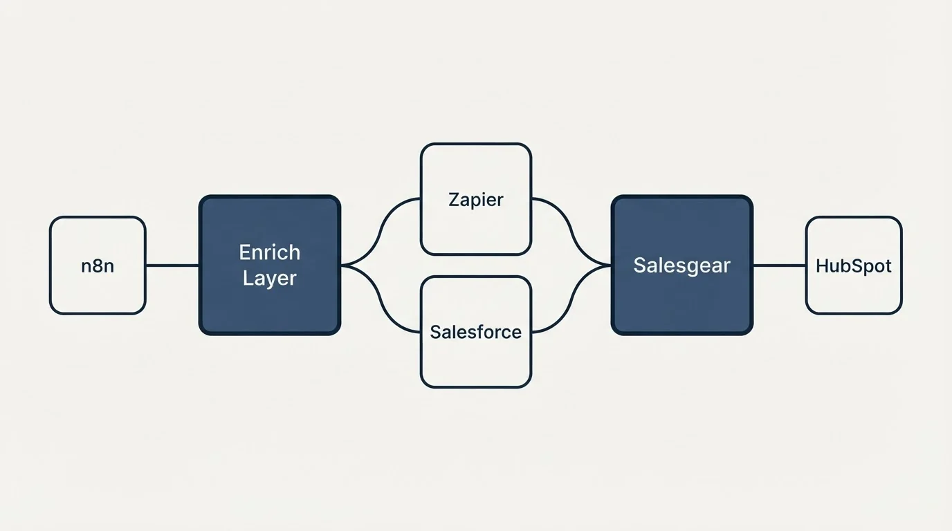 Integration schematic: Integration Ecosystem (Enrich Layer, Salesgear, Zapier, Salesforce)