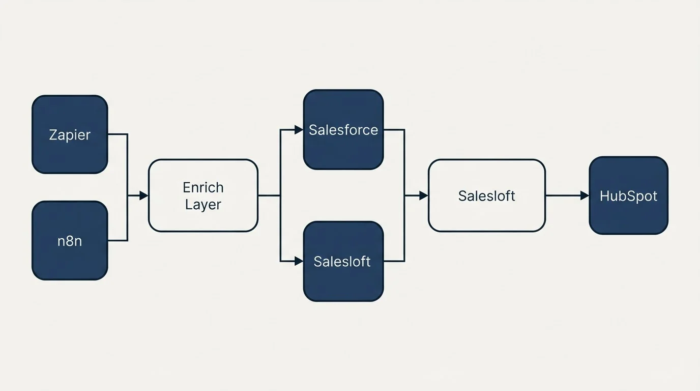 Integration flow: Integration Ecosystem (Enrich Layer, Salesloft, Salesforce, Zapier)