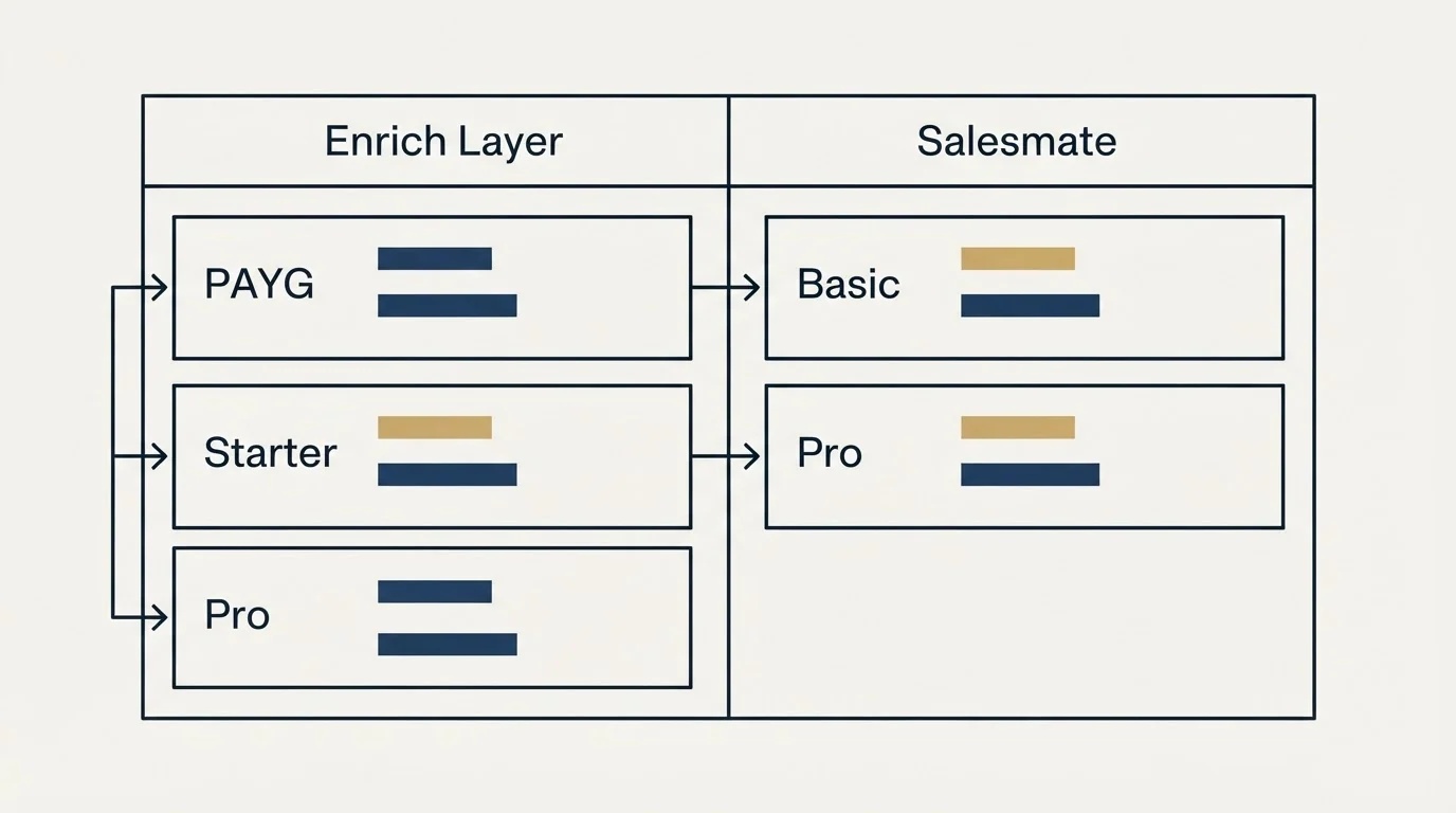 Pricing table: Pricing Comparison (Enrich Layer, Salesmate, PAYG, Basic)