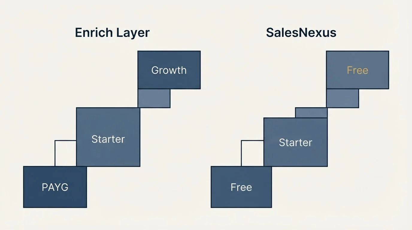 Pricing ladder: Pricing Comparison (Enrich Layer, SalesNexus, PAYG, Free)
